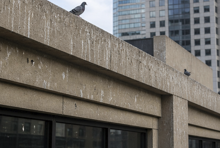 A pigeon perched on a concrete building ledge in New York City, demonstrating the need for professional pigeon exclusion systems.