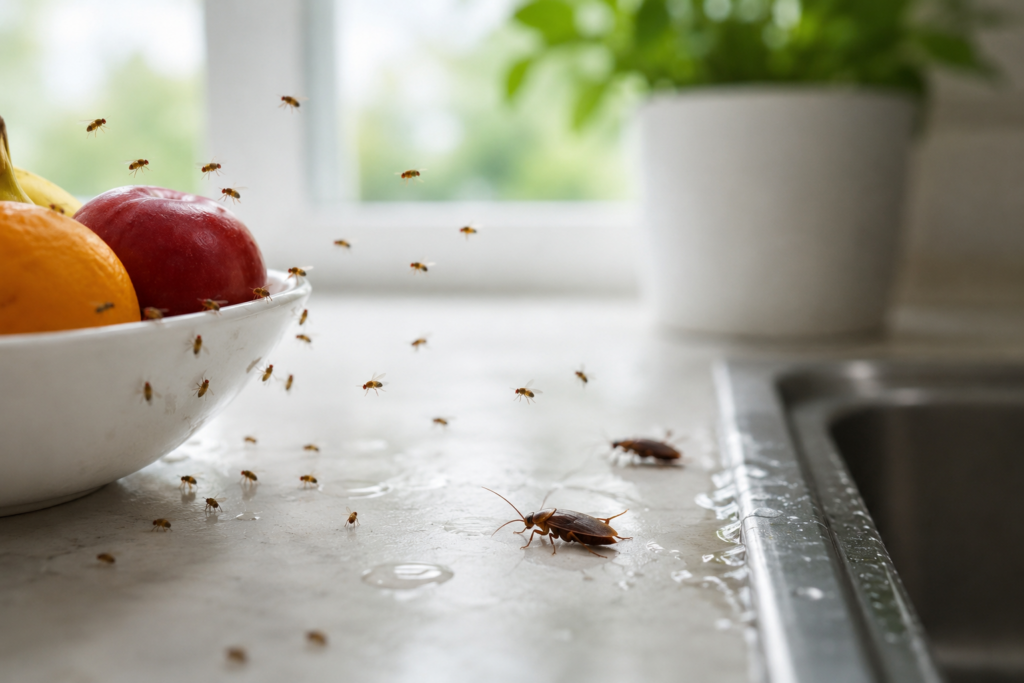 Commercial fruit fly drain treatment and water bug elimination services in New York City.