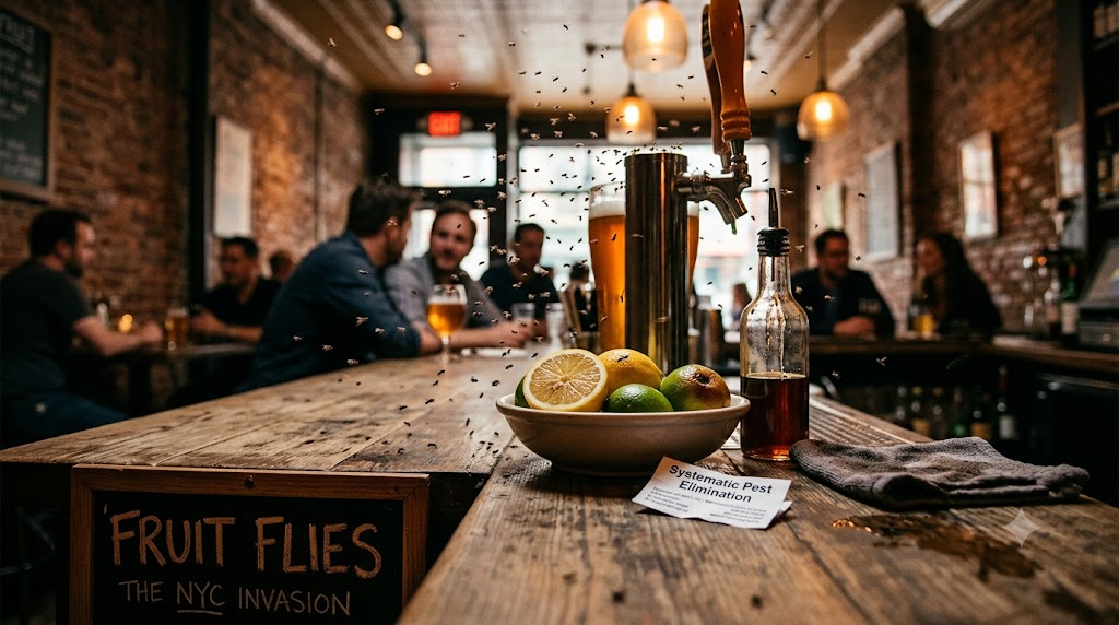 A close-up photograph on a rustic wooden bar top in a dim NYC bar, featuring a bowl of lemons and limes, a cocktail syrup bottle, and a business card for 'Systematic Pest Elimination.' Hundreds of tiny fruit flies swarm in the air and land on the counter and fruit.