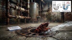A large American cockroach, commonly called a water bug, emerging from a rusty metal floor drain in a dark NYC basement. In the top-right corner, an educational diagram contrasts a "Dried-Out P-Trap" allowing a roach to pass with a "Properly Full P-Trap" blocking it.