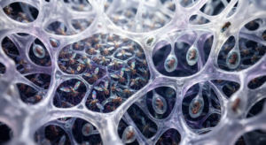 A macro photograph of countless tiny, iridescent fruit flies with patterned wings swarming over an intricate, translucent biological lattice structure. Some pupae are visible within small, bubble-like chambers of the network. The colors range from deep magenta and purple to cyan and green, creating a surreal, almost neural-network-like appearance.