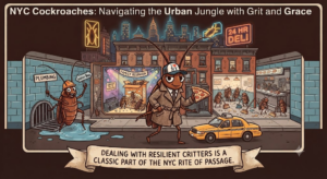 An illustrated banner for an article about New York City cockroaches. The cartoon scene features a cockroach detective in a trench coat and "I Heart NY" cap holding a slice of pizza on a city street at night. Other cockroaches are depicted working around a classic yellow taxi, popping out of plumbing drains, and cleaning up a deli. A banner at the bottom reads, "Dealing with resilient critters is a classic part of the NYC rite of passage."