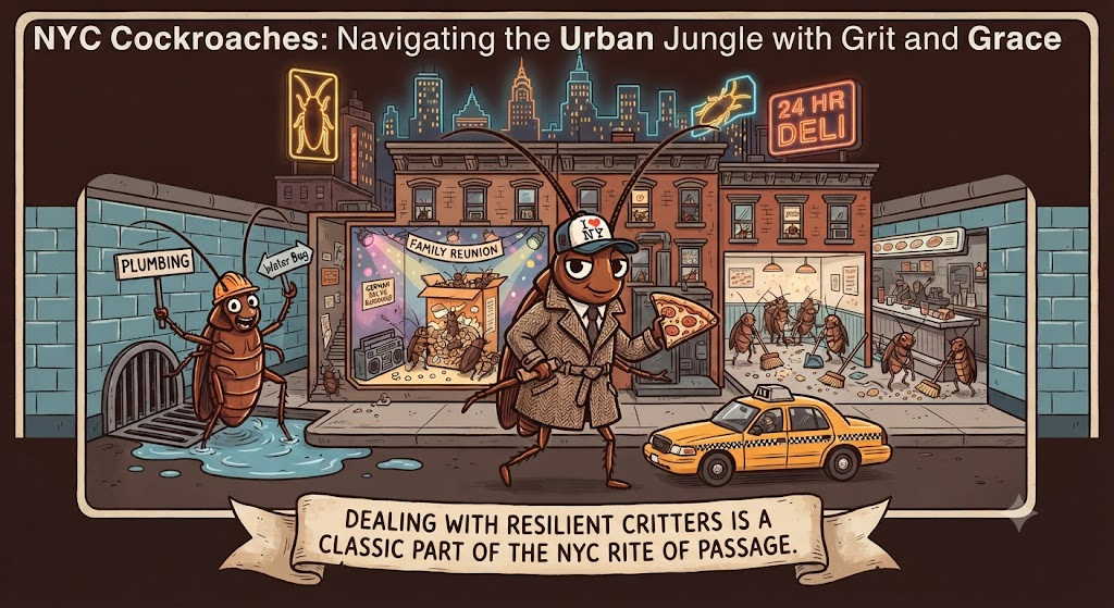 An illustrated banner for an article about New York City cockroaches. The cartoon scene features a cockroach detective in a trench coat and "I Heart NY" cap holding a slice of pizza on a city street at night. Other cockroaches are depicted working around a classic yellow taxi, popping out of plumbing drains, and cleaning up a deli. A banner at the bottom reads, "Dealing with resilient critters is a classic part of the NYC rite of passage."