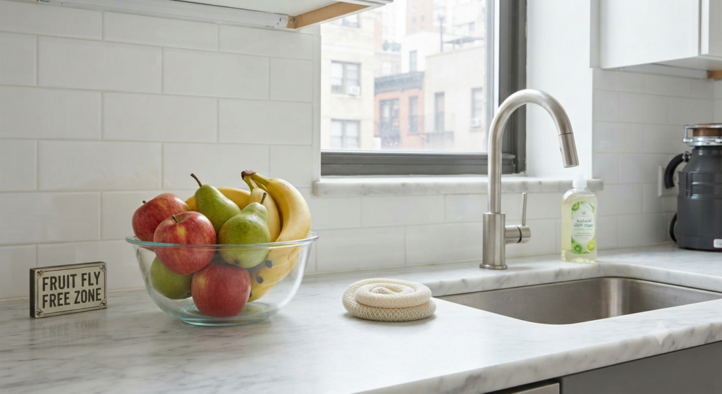 A clean, modern New York City apartment kitchen counter in bright natural light, featuring a glass bowl filled with fresh, unblemished red and green apples, pears, and bananas, next to a stainless steel sink and faucet. A small decorative sign on the counter reads "FRUIT FLY FREE ZONE".