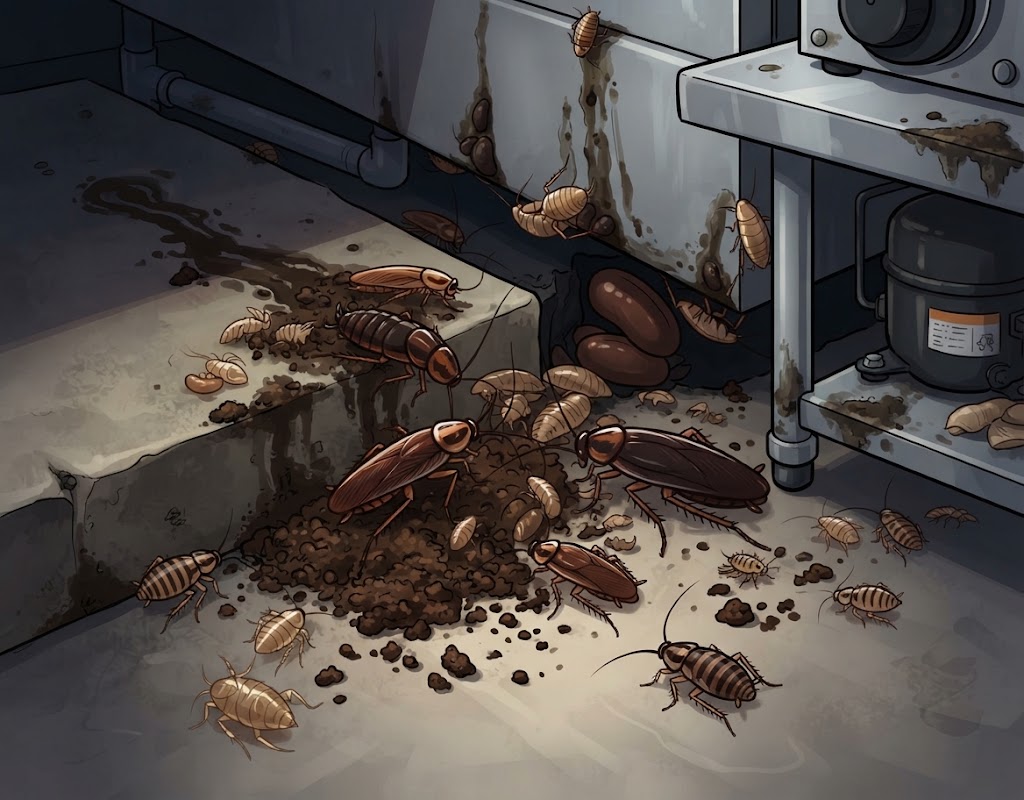 An illustrated view of a commercial kitchen floor and baseboard showing an active cockroach infestation, including clusters of roaches, droppings, egg cases, and cast skins near stainless steel equipment.