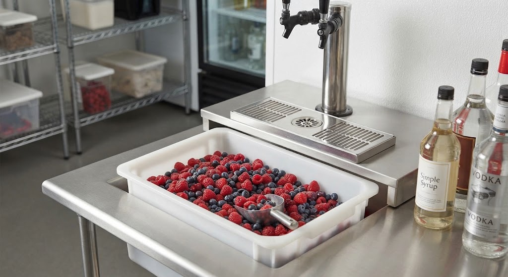 A commercial bar prep station featuring a white plastic bin filled with fresh raspberries and blueberries, accompanied by a metal scoop, a tap draft tower, and bottles of simple syrup and vodka.