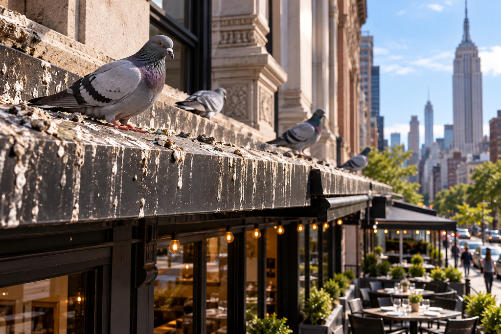 A pigeon perched on a building ledge with the New York City skyline in the background, highlighting the need for commercial NYC pigeon control.