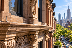 Historic New York City building facade with ornate stone cornices and columns overlooking the skyline, highlighting areas requiring low-visibility pigeon deterrents NYC.